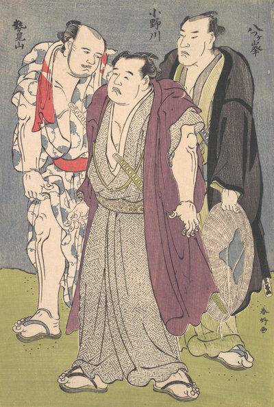 Tre sumobrottare: Onogawa, Seimiyama och Yatsugamine, ca. 1790-talet. av Katsukawa Shunko