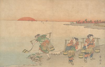Tre vattenbärare vid stranden, sent 1700-tal. av Katsukawa Shunko