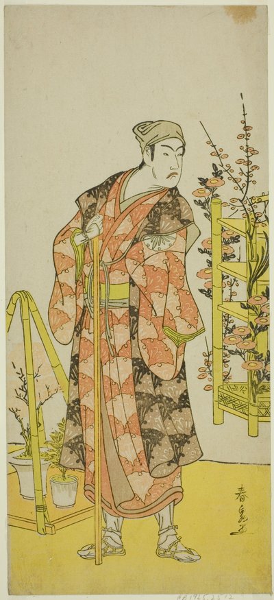 Skådespelaren Matsumoto Koshiro IV som växtsäljaren Awashima no Yonosuke i pjäsen Mukashi Otoko Yuki no Hinagata, framförd på Ichimura-teatern under elfte månaden, 1781 av Katsukawa Shunsen