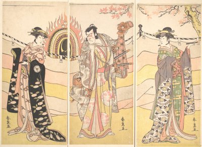 Tre skådespelare i vackra kostymer som utför en religiös dans, ca. 1785. av Katsukawa Shunsen