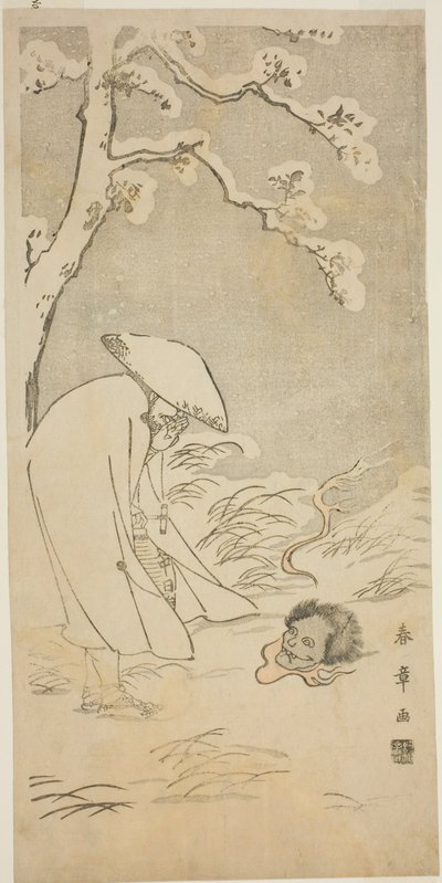 En pilgrim som ber genom natten till Buddha (kannenbutsu) skräms av ett spöklikt huvud som ligger på den snötäckta marken av Katsukawa Shunsho