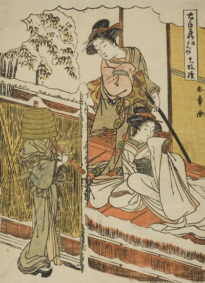 Akt nio: Yuranosukes hus i Yamashina från pjäsen Chushingura (Treasury of Loyal Retainers), c.1779-80 (trätryck i färg; chuban) av Katsukawa Shunsho