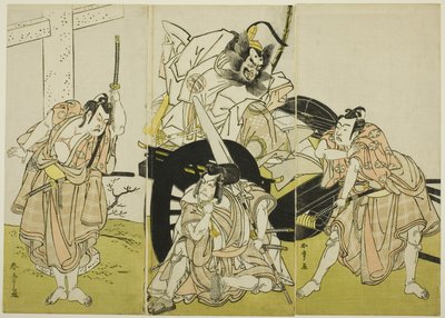 Skådespelarna Nakajima Mihoemon II som Fujiwara no Shihei, Ichikawa Ebizô III som Matsuo-maru, Ichikawa Yaozô II som Sakura-maru och Ichimura Uzaemon IX som Umeo-maru i "Sugawara