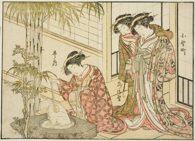 Courtesans of the Maruya, från boken "Mirror of Beautiful Women of the Pleasure Quarters (Seiro bijin awase sugata kagami)," vol. 2 av Katsukawa Shunsho