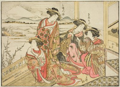 Courtesans of the Obishiya, från boken "Mirror of Beautiful Women of the Pleasure Quarters (Seiro bijin awase sugata kagami)," vol. 2 av Katsukawa Shunsho