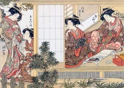 Kvinnliga japanska kurtisaner som läser och skriver, c1776. av Katsukawa Shunsho