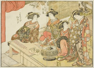 Fyra kurtisaner från olika hus, från boken "Mirror of Beautiful Women of the Pleasure Quarters (Seiro bijin awase sugata kagami)," vol. 3 av Katsukawa Shunsho