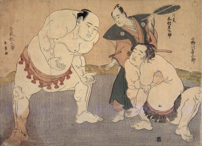 Onagawa Kisaburo och Tanikaze Kajinosuke framförde Shiriki i Dohyo, domslut av Kimura Shonosuke av Katsukawa Shunsho