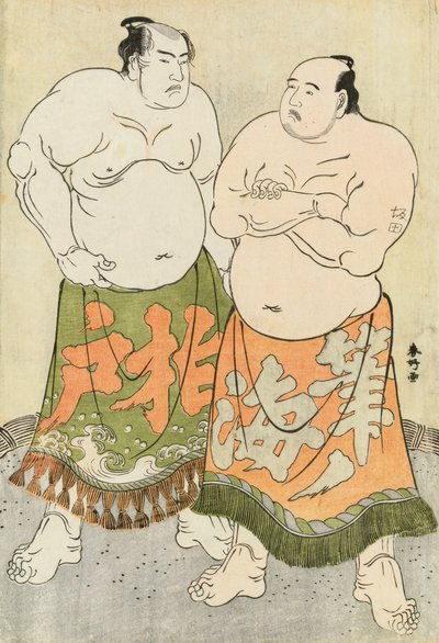 Porträtt av brottarna Fudenoumi och Kashiwado (träblock i färg) av Katsukawa Shunsho