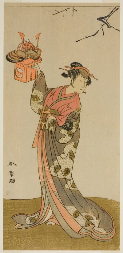 Skådespelaren Arashi Hinaji I som Hananoi i pjäsen Gosho-zakura Horikawa Youchi, framförd på Ichimura-teatern den fjärde månaden, 1773 av Katsukawa Shunsho