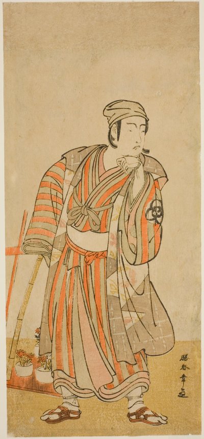 Skådespelaren Bando Mitsugoro I som Taira no Tadamori förklädd till en krukväxtförsäljare i pjäsen Sakuya Kono Hana no Kaomise, framförd på Nakamura-teatern den elfte månaden, 1776 av Katsukawa Shunsho