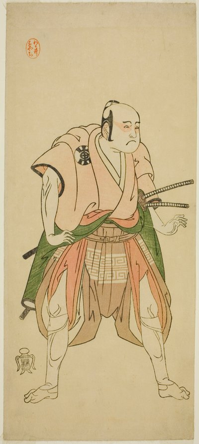 Skådespelaren Bando Sampachi I som Yawata no Saburo (?) i pjäsen Shuen Soga Omugaeshi (?), framförd på Ichimura-teatern (?) under andra månaden, 1768 (?) av Katsukawa Shunsho