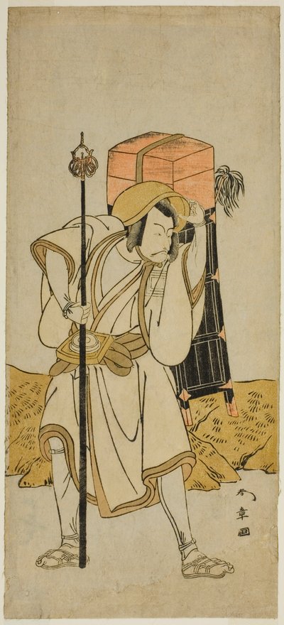 Skådespelaren Ichikawa Danjuro V som Moriya no Daijin förklädd till Rokuju-rokubu i pjäsen Miya-bashira Iwao no Butai, framförd på Morita Theatre i den sjunde månaden, 1773 av Katsukawa Shunsho