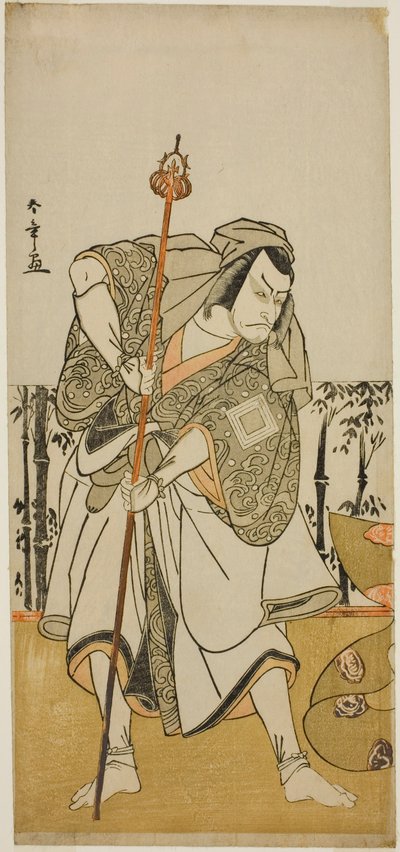 Skådespelaren Ichikawa Danjuro vs Taira no Masakado förklädd till pilgrimsjunjoen i pjäsen Masakado Kammuri no Hatsuyuki, som spelades på Nakamura Theatre under elfte månaden, av Katsukawa Shunsho