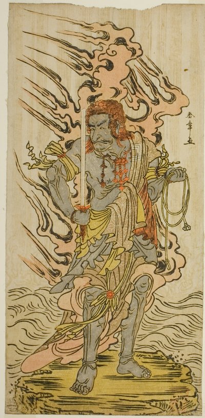 Skådespelaren Ichikawa Danjuro V som en stenbild av Fudo Myoo i pjäsen Kitekaeru Nishiki no Wakayaka, framförd på Nakamura Theatre under elfte månaden, 1780 av Katsukawa Shunsho