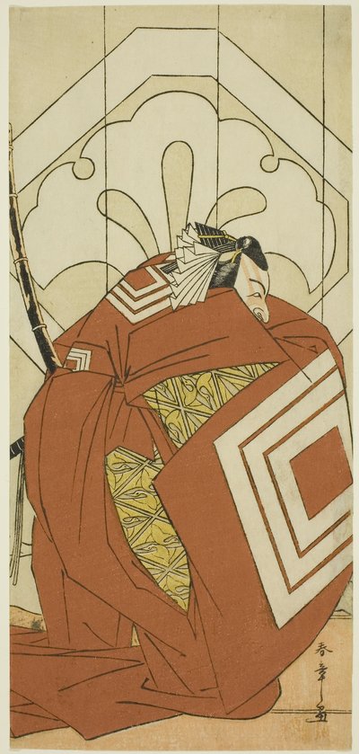 Skådespelaren Ichikawa Danjuro V i en "Shibaraku"-roll, troligen som Kato Hyoeisa Shigemitsu, i den tredje scenen av pjäsen Masakado Kammuri no Hatsuyuki (Den första snön på Taira no Masakados huvudbonad), uppförd på Nakamura-teatern under den elfte av Katsukawa Shunsho