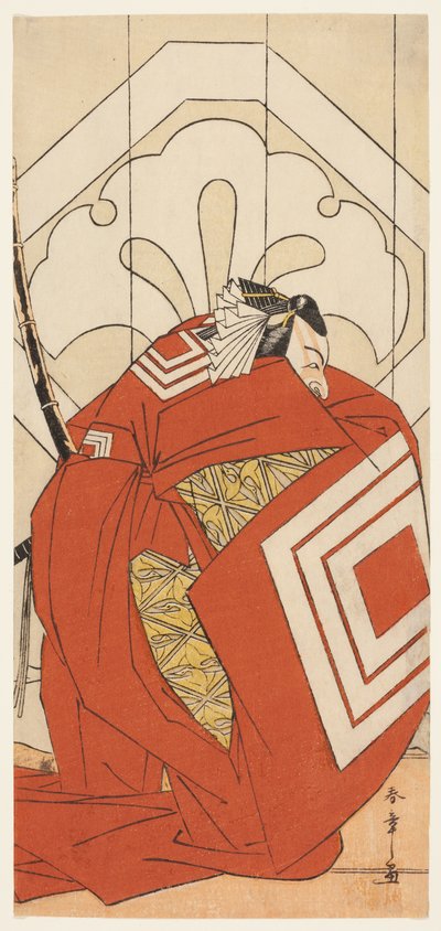 Skådespelaren Ichikawa Danjuro V i en "Shibaraku"-roll, troligen som Kato Hyoeisa Shigemitsu, i den tredje scenen av pjäsen Masakado Kammuri no Hatsuyuki (Den första snön på Taira no Masakados huvudbonad), uppförd på Nakamura-teatern under den elfte av Katsukawa Shunsho