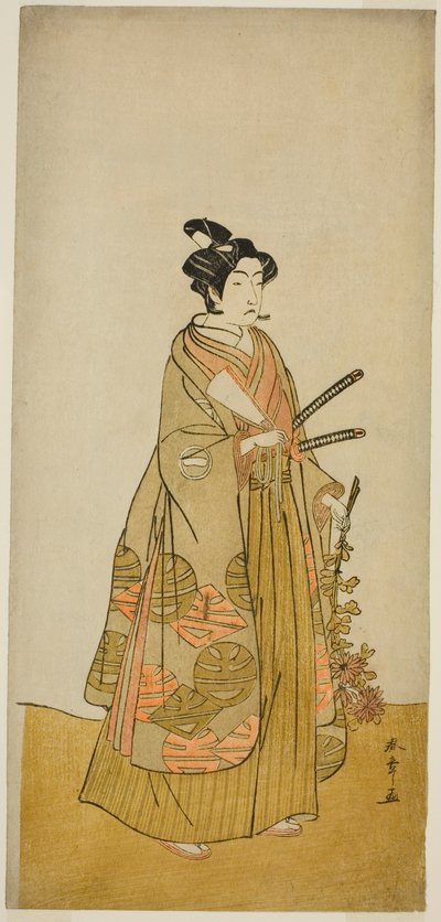 Skådespelaren Ichikawa Monnosuke II som Kichisaburo, Temple Page of Kichijo-ji, i pjäsen Sono Kyodai Fuji no Sugatami, framförd på Morita Theatre i den andra månaden, 1776 av Katsukawa Shunsho