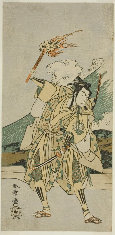 Skådespelaren Ichikawa Monnosuke II som Soga no Goro Tokimune i pjäsen Haru wa Soga Akebono-zoshi (?), framförd på Nakamura Theatre (?) under den första månaden, 1772 (?) av Katsukawa Shunsho