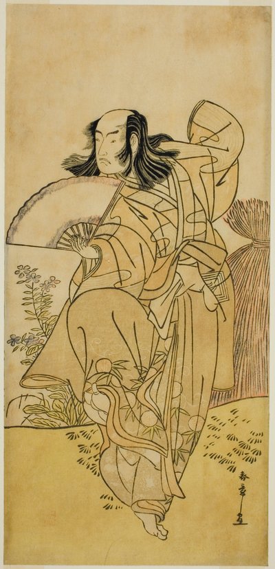 Skådespelaren Ichikawa Yaozo III som Kusunoki Uraminosuke förklädd till en manlig räv från Tsukamoto (?), i pjäsen Kumoi no Hana Yoshino no Wakamusha (?), framförd på Nakamura Theatre (?) under elfte månaden, 1786 (?) av Katsukawa Shunsho