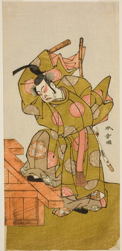 Ackompanjerad av Uzaemon Ichimura, Doctor X Som den åtföljande svarta mästaren te Pay Den svarta mästaren av blommor och snö i form av perfor med at te Ichimura tee Gate th, 1776 av Katsukawa Shunsho