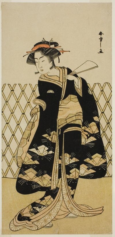 Skådespelaren Iwai Hanshiro IV som Mitsuogiya Usukumo i pjäsen Shida Choja-bashira, framförd på Nakamura Theatre i den åttonde månaden, 1781 av Katsukawa Shunsho