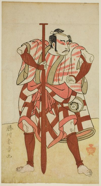 Skådespelaren Kasaya Matakuro II som båtsmannen Rokuzo i en oidentifierad pjäs, framförd på Morita Theatre i den femte månaden, 1770 av Katsukawa Shunsho