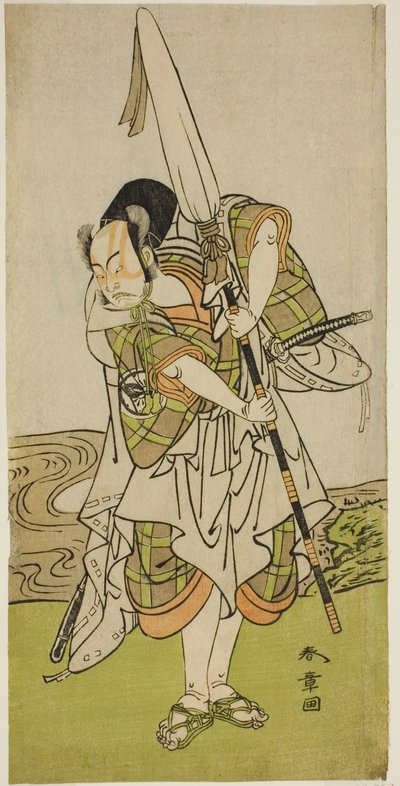 Skådespelaren Nakamura Juzo II som Asahara Hachiro förklädd till en furstlig familjs tjänare i pjäsen Onna Aruji Hatsuyuki no Sekai, framförd på Morita-teatern under elfte månaden, 1773 av Katsukawa Shunsho