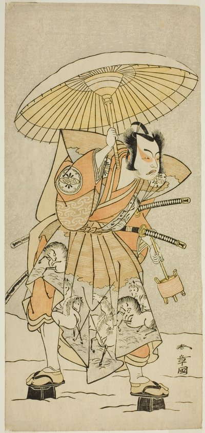 Skådespelaren Nakamura Juzo II som Kajiwara Genta Kagetoki i pjäsen Izu-goyomi Shibai no Ganjitsu, framförd på Morita Theatre i elfte månaden, 1772 av Katsukawa Shunsho