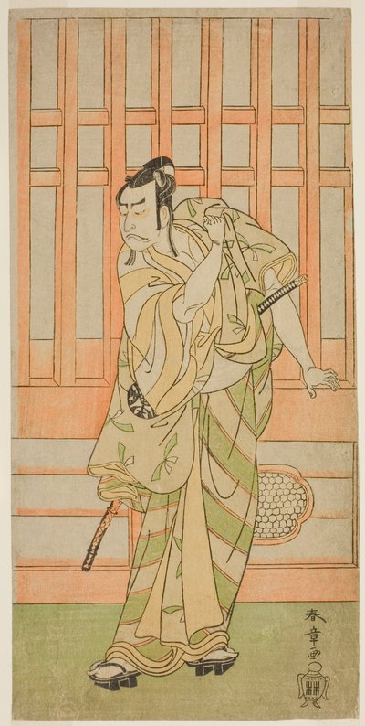 Skådespelaren Nakamura Nakazo I som Kudo Saemon Suketsune (?) i pjäsen Sakai-cho Soga Nendaiki (?), framförd på Nakamura Theatre (?) under den första månaden, 1771 (?) av Katsukawa Shunsho