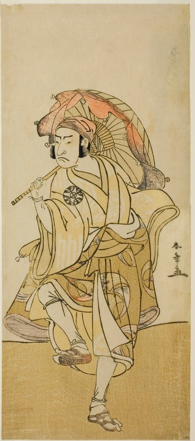 Skådespelaren Nakamura Nakazo I som Onmaya Kisanda förklädd till lejondansaren Kakubei i pjäsen Chigo Torii Tobiiri Kitsune, framförd på Ichimura-teatern under elfte månaden, 1777 av Katsukawa Shunsho