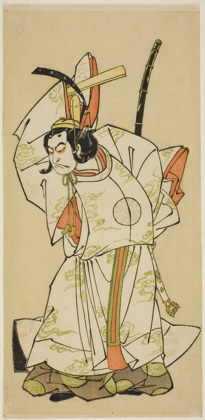 Skådespelaren Nakamura Nakazo I som prins Koreakira (?) i pjäsen Gohiiki Kanjincho, framförd på Nakamura-teatern under elfte månaden, 1773 av Katsukawa Shunsho