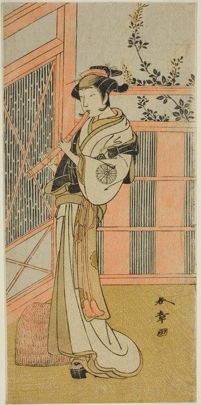 Skådespelaren Nakamura Noshio I som Misao förklädd till en Komuso i pjäsen Kosode-gura no Tekubari, framförd på Morita-teatern under andra månaden, 1772 (?) av Katsukawa Shunsho