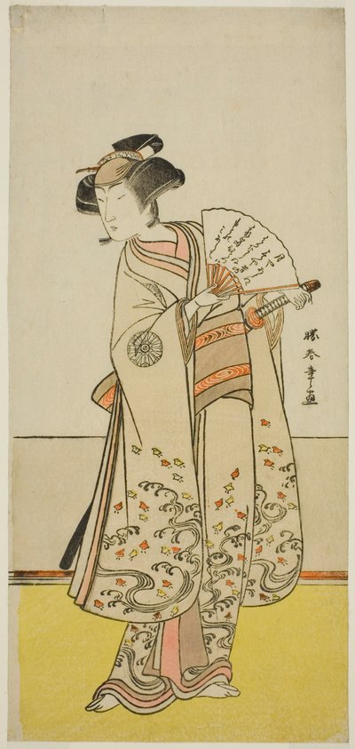 Skådespelaren Nakamura Noshio I som Oiso no Tora (?) i pjäsen Shida Yuzuriha Horai Soga (?), framförd på Morita Theatre (?) under den första månaden, 1775 (?) av Katsukawa Shunsho