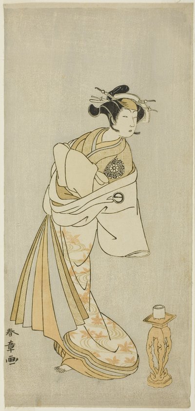Skådespelaren Nakamura Noshio I som kurtisanen Takaos ande, i Shosagoto-danssekvensen "Sono Utsushi-e Matsu ni Kaede" (En skuggbild av tall och lönn), den sista scenen i del två av pjäsen Keisei Momiji no Uchikake (Courtesan i en Over-K av Katsukawa Shunsho