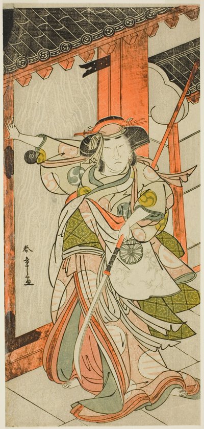 Skådespelaren Nakamura Tomijuro I som Hangaku Gozen bryter ner porten i pjäsen Wada-gassen Onna Maizuru (Wada-konflikten: En kvinnas "Maizuru"), uppförd på Nakamura-teatern från den tjugofemte dagen i den sjunde månaden 1777 av Katsukawa Shunsho