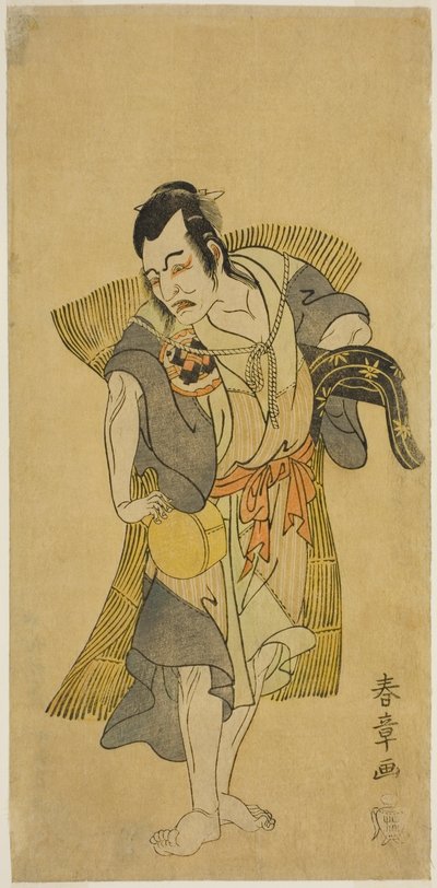 Skådespelaren Nakamura Utaemon I som Kudo Suketsune förklädd till en tiggare i pjäsen Soga Moyo Aigo no Wakamatsu, framförd på Nakamura Theatre under den första månaden, 1769 av Katsukawa Shunsho