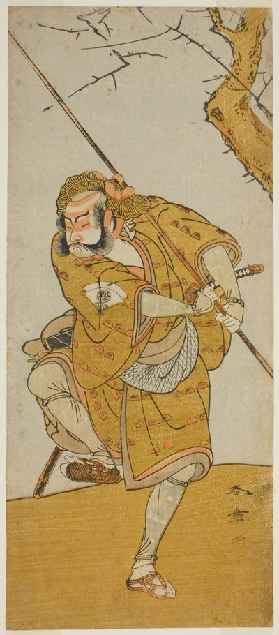 Skådespelaren Onoe Matsusuke I som Kobayashi no Asahina förklädd till en fågelfångare i pjäsen Edo no Haru Meisho Soga, framförd på Ichimura-teatern den tredje månaden, 1773 av Katsukawa Shunsho
