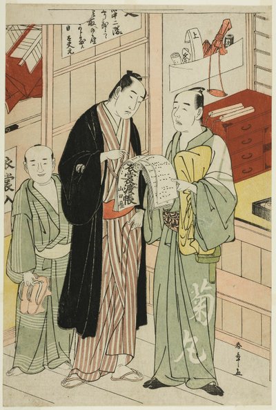 Skådespelaren Onoe Matsusuke I i garderobsrummet på en teater av Katsukawa Shunsho