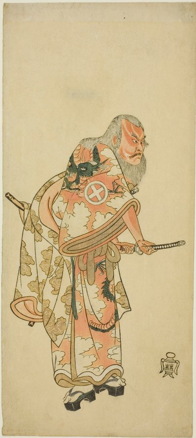 Skådespelaren Otani Hiroemon III som Hige no Ikyu i scenen "Sukeroku" i pjäsen "Hitokidori Harutsuge Soga" av Katsukawa Shunsho