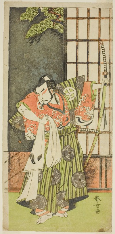 Skådespelaren Otani Hiroji III som Kawazu no Saburo i pjäsen Myoto-giku Izu no Kisewata, framförd på Ichimura-teatern under den elfte månaden, 1770 av Katsukawa Shunsho