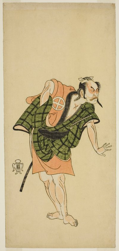 Skådespelaren Otani Hiroji III som Onio Shinzaemon (?) i pjäsen Bunshin Sugatami Soga (?), framförd på Morita Theatre (?) under andra månaden, 1765 (?) av Katsukawa Shunsho