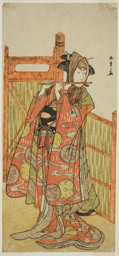 Skådespelaren Segawa Kikunojo III som Kojoro-Gitsune förklädd som blomsterhandlaren Okiku i Play Mure Takamatsu Yuki no Shirahata, uppträdde på Ichimura-teatern i den elfte månaden, 1780 av Katsukawa Shunsho