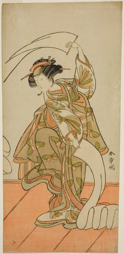 Skådespelaren Segawa Kikunojo III som kurtisan Kisegawa i en "Nuno Sarashi"-dans, i pjäsen Hana-zumo Genji Hiiki, framförd på Nakamura-teatern under den elfte månaden, 1775 av Katsukawa Shunsho