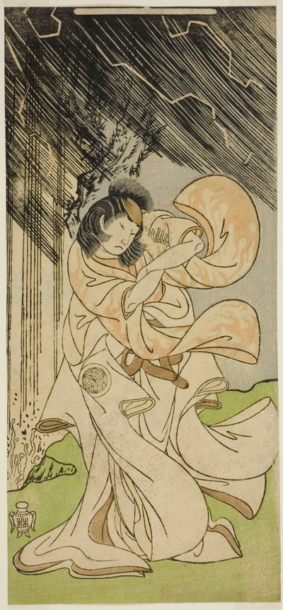Skådespelaren Yamashita Kinsaku II som en åskgudinna i pjäsen Onna Narukami, framförd på Morita Theatre under den första månaden, 1770 av Katsukawa Shunsho