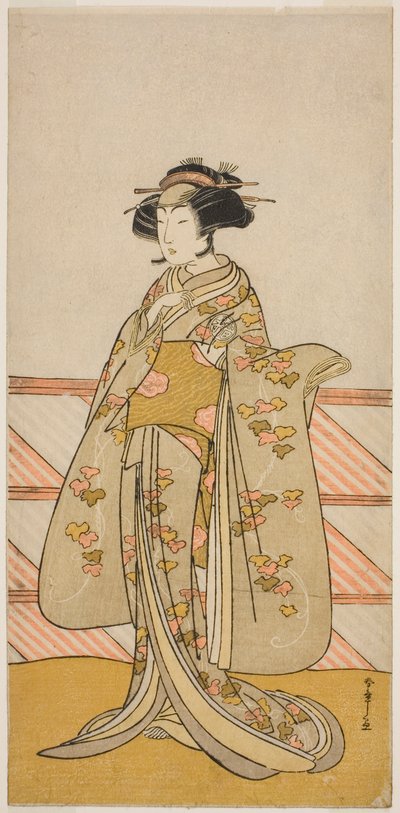 Skådespelaren Yoshizawa Iroha I som Tamamo no Mae (?) i pjäsen Sakuya Kono Hana no Kaomise (?), framförd på Nakamura Theatre (?) under elfte månaden, 1776 (?) av Katsukawa Shunsho