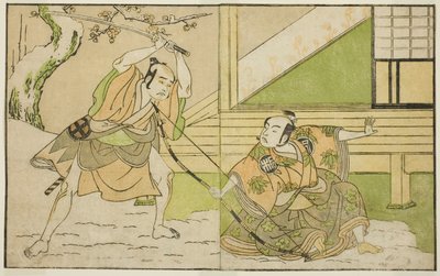 Skådespelarna Arashi Sangoro II som Hojo Tokiyori (höger) och Otani Hiroji III som Koga Saburo (vänster), i pjäsen Kono Hana Yotsugi no Hachi no Ki, framförd på Ichimura-teatern under den elfte månaden, 1771 av Katsukawa Shunsho
