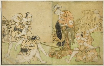 Skådespelarna Bando Zenji I som Nagahashi Saburo, Iwai Hanshiro IV som Otatsu-gitsune, Nakamura Konozo som Hagai Ujitsune och en oidentifierad skådespelare (höger till vänster), i pjäsen Nue no Mori Ichiyo no Mato, framförd på Nakamura Theatre i Elfte måna av Katsukawa Shunsho