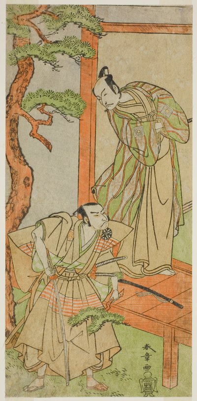 Skådespelarna Ichikawa Danjuro V som Momonoi Wakasanosuke (höger) och Nakamura Nakazo I som Kakogawa Honzo (vänster), i pjäsen Kanadehon Chushingura, framförd på Nakamura Theatre i den femte månaden, 1771 av Katsukawa Shunsho