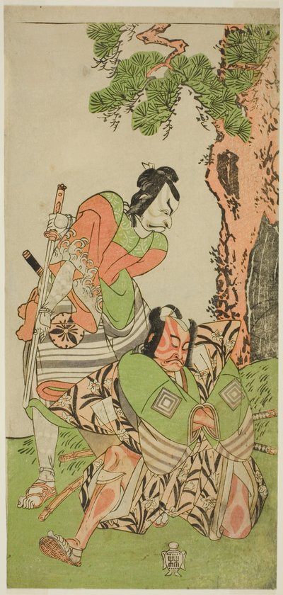 Skådespelarna Ichikawa Danzo III som I no Hayata Tadazumi (höger) och Matsumoto Koshiro II som Osada no Taro Kagemune förklädd till Yatsurugi Zaemon (vänster), i pjäsen Nue no Mori Ichiyo no Mato, framförd på Nakamura Theatre under elfte månaden , 1770 av Katsukawa Shunsho